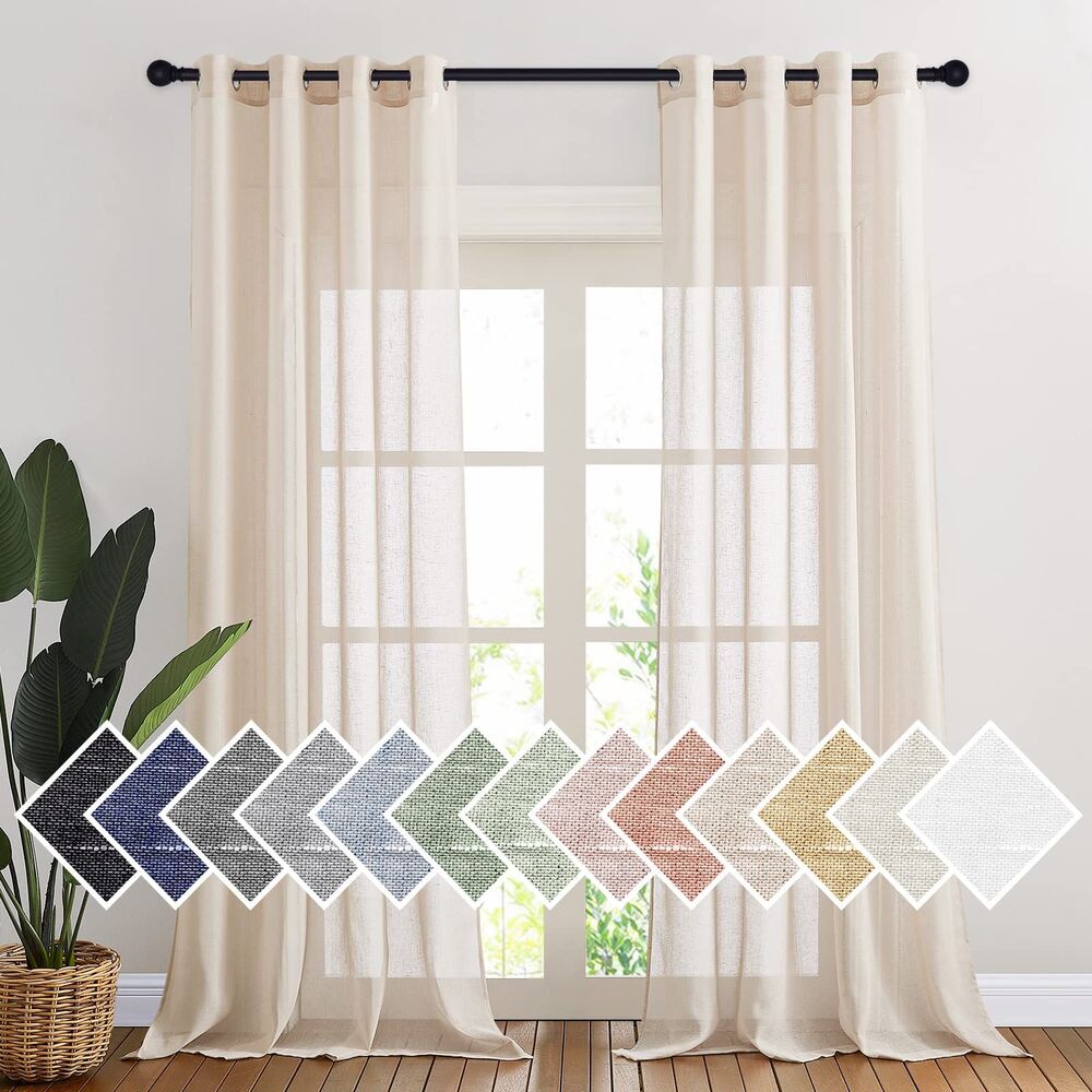 Set of 2 Curtain Panels, 52" W x 96" L, Linen Textured Sheer Curtains, Beige